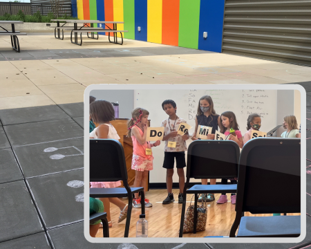 picture of kids holding signs with musical notes; background of patio and rainbow wall