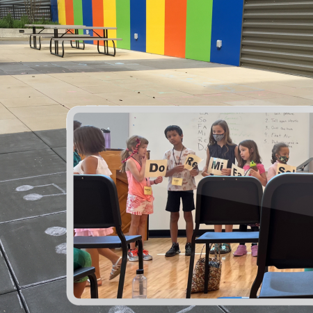 picture of kids holding signs with musical notes; background of patio and rainbow wall